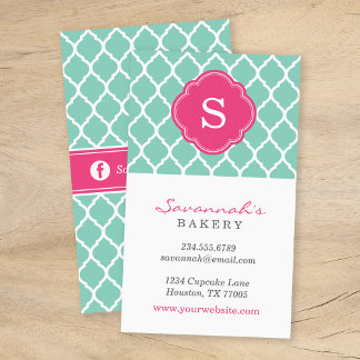 Carte De Visite Aqua et Pink Chic Lattice marocain Monogramme