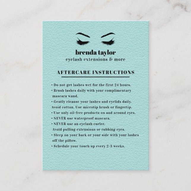 Carte De Visite AQUA Suede Eyelash Browbar Instructions de suivi (Devant)