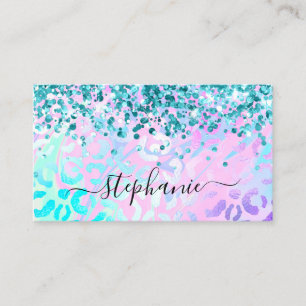 Carte De Visite Aqua Turquoise Pailleté Léopard Iridescent