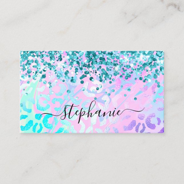 Carte De Visite Aqua Turquoise Pailleté Léopard Iridescent (Devant)