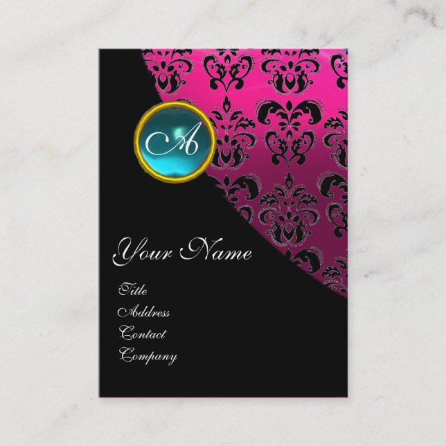 Carte De Visite AQUAMARINE BLEUE DAMASK MONOGRAM, rose fuchsia (Devant)