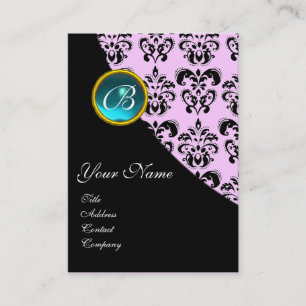 Carte De Visite AQUAMARINE BLEUE DAMASK MONOGRAS, turquase rose