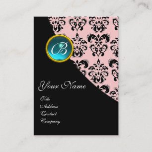 Carte De Visite AQUAMARINE BLEUE DAMASK MONOGRAS, turquase rose