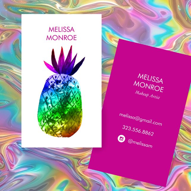 Carte De Visite Aquarelle à ananas tropicale rose pourpre arc-en-c (Tropical Pineapple Watercolor Pink Purple Rainbow Business Card
)
