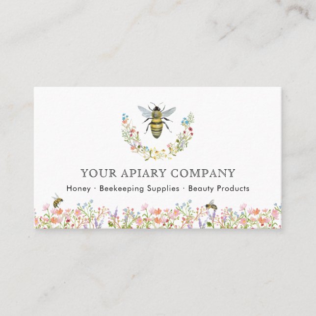 Carte De Visite Aquarelle Abeille Apiary Fleurie (Devant)