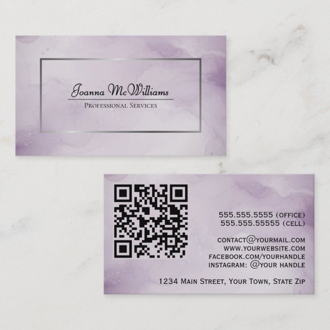 Carte De Visite Aquarelle Abstraite Dusty Purple & Silver Code QR (Devant / Derrière)