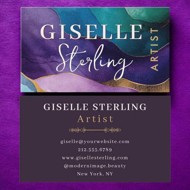 Carte De Visite Aquarelle Abstraite violet or Wavy (Créateur téléchargé)