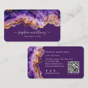 Carte De Visite Aquarelle Agate Violet paillettes d'or & Code QR