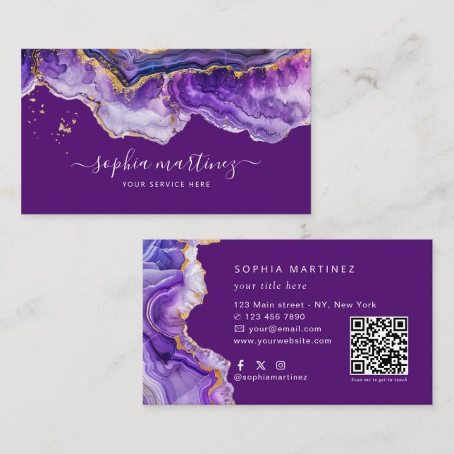 Carte De Visite Aquarelle Agate Violet paillettes d'or et code QR (Devant / Derrière)