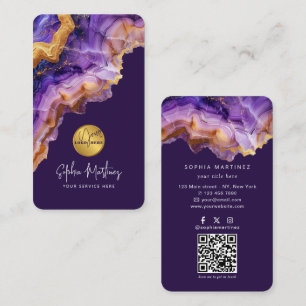 Carte De Visite Aquarelle Agate Violet paillettes d'or et logo QRC