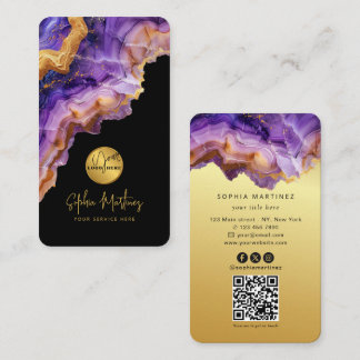 Carte De Visite Aquarelle Agate Violet paillettes d'or et logo QRC