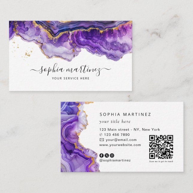 Carte De Visite Aquarelle Agate Violet paillettes d'or et QR Code (Devant / Derrière)