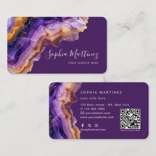 Carte De Visite Aquarelle Agate violette paillettes d'or & Code QR