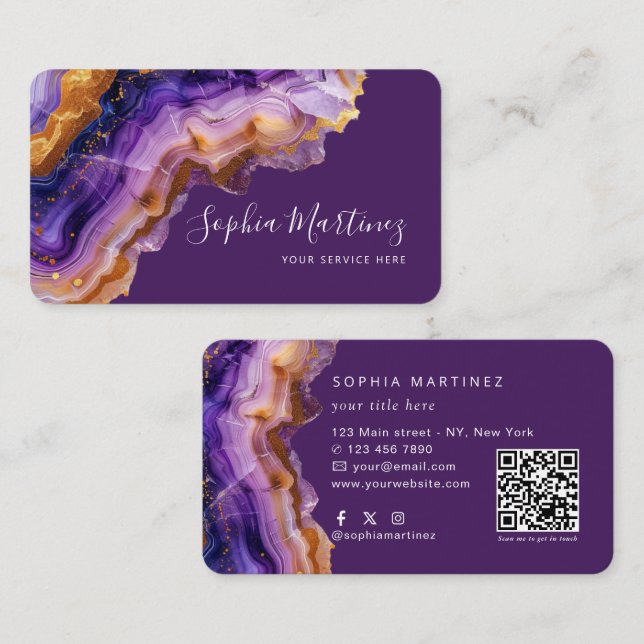 Carte De Visite Aquarelle Agate violette paillettes d'or & Code QR (Devant / Derrière)