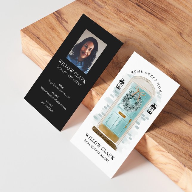 Carte De Visite Aquarelle Aqua Porte avant Wreath Immobilier (Aqua Watercolor Front Door Wreath Real Estate Business Card)