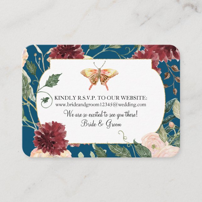 Carte De Visite Aquarelle Automne Floral Bleu Site Mariage RSVP (Devant)