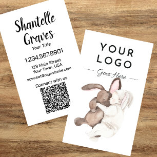 Carte De Visite Aquarelle Bébé et lapin QR Code vertical