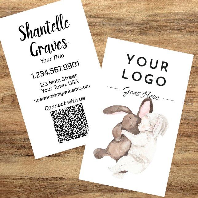 Carte De Visite Aquarelle Bébé et lapin QR Code vertical (Créateur téléchargé)