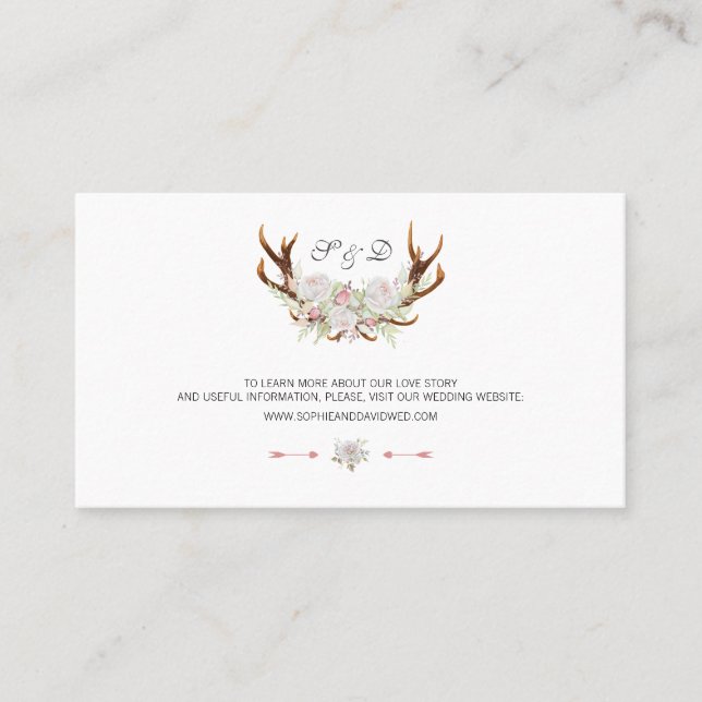 Carte De Visite Aquarelle Blanc Floral Antlers Site Mariage (Devant)