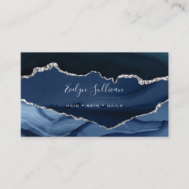 Carte De Visite aquarelle bleu agate argent veines (Devant)