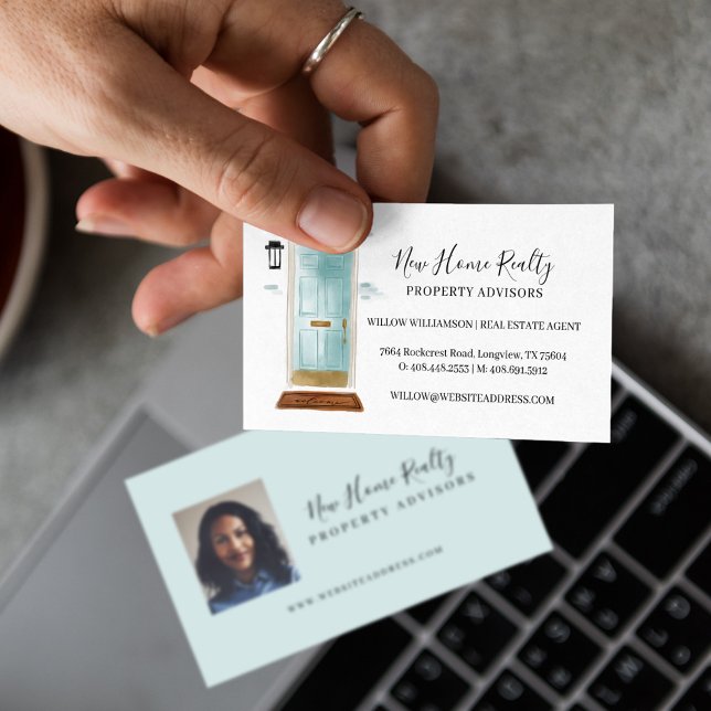 Carte De Visite Aquarelle Bleu Chic Porte d'entrée Immobilier Phot (Chic Blue Watercolor Front Door Real Estate Photo Business Card)