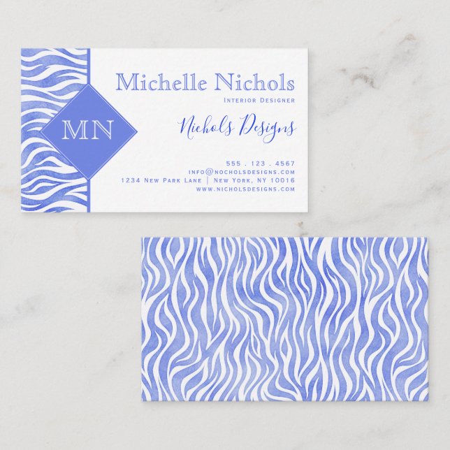 Carte De Visite Aquarelle bleu Denim Zebra Imprimer | Monogramme (Devant / Derrière)