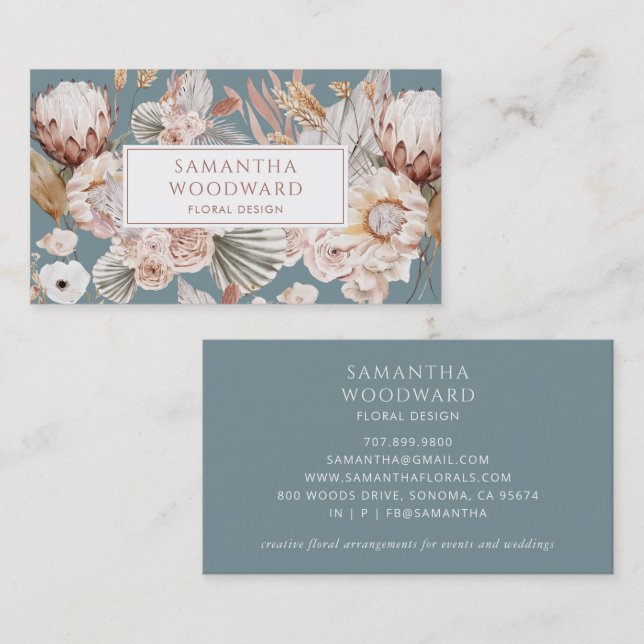 Carte De Visite Aquarelle bleu Dusty Boho Designer Floral (Devant / Derrière)