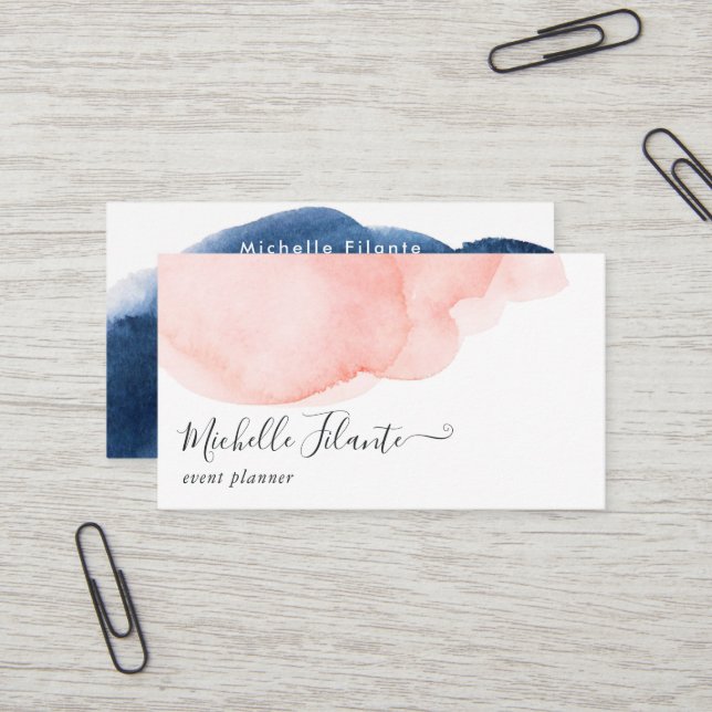 Carte De Visite Aquarelle Bleu marine et Blush (Devant/Arrière en situation)