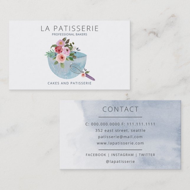 Carte De Visite Aquarelle bleu moderne Floral boulangerie pâtisser (Devant / Derrière)