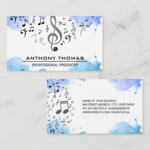 Carte De Visite Aquarelle bleu   Notes musicales