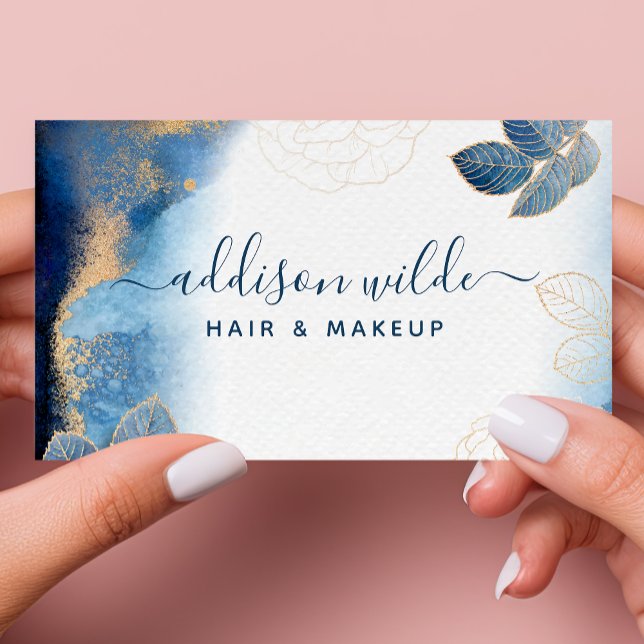 Carte De Visite Aquarelle bleu or Feuilles botaniques Abstrait QR (Créateur téléchargé)