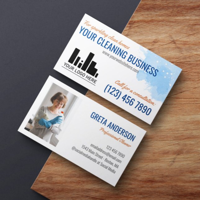 Carte De Visite Aquarelle bleu orange Votre service de nettoyage d (Créateur téléchargé)