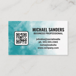 Carte De Visite Aquarelle bleu vert texture   Code QR