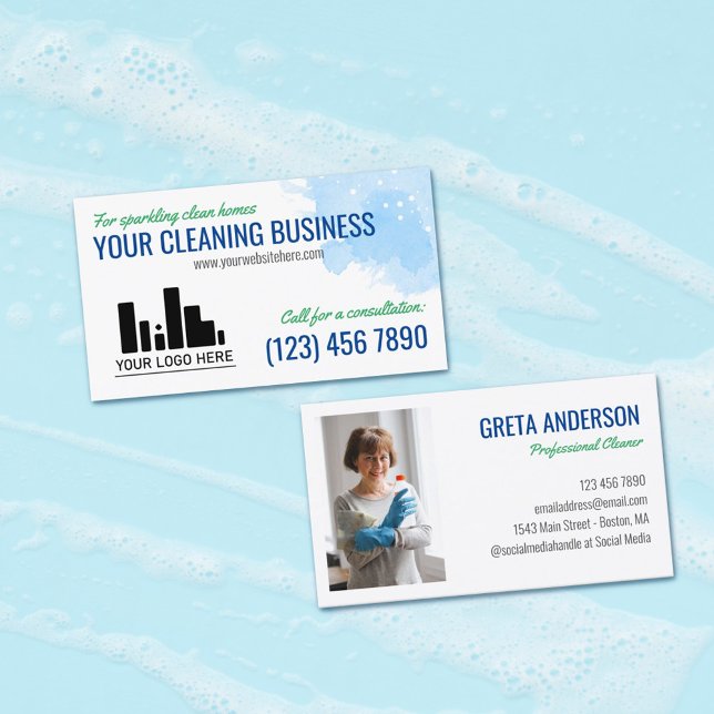 Carte De Visite Aquarelle bleu vert Votre service de nettoyage de  (Créateur téléchargé)