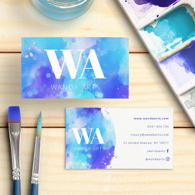 Carte De Visite Aquarelle bleu violet monogramme Artiste (Monogram Blue Purple Watercolor Artist Business Card)