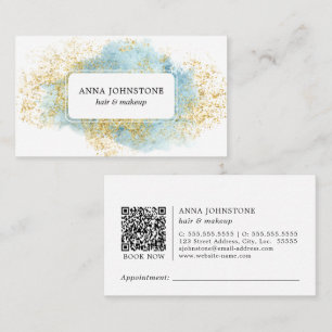 Carte De Visite Aquarelle bleue et code QR or   Rendez-vous
