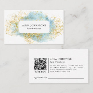 Carte De Visite Aquarelle bleue et code QR or | Rendez-vous