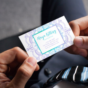 Carte De Visite Aquarelle bleue Mandala Elégant Damas Texte floral