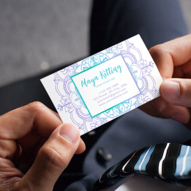 Carte De Visite Aquarelle bleue Mandala Elégant Damas Texte floral (Créateur téléchargé)