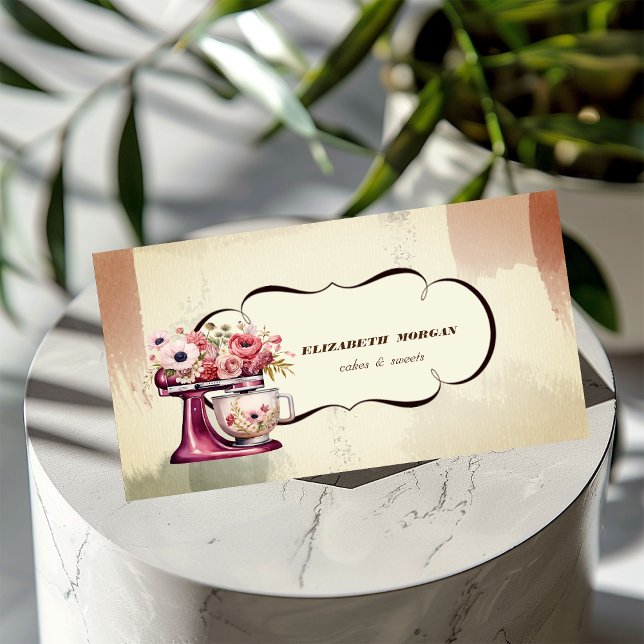 Carte De Visite Aquarelle Boulangerie Pâtisserie Floral Rouge Rétr (Créateur téléchargé)