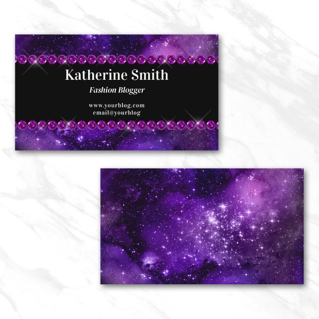 Carte De Visite Aquarelle céleste à rhinocéros violet (Purple Rhinestone Celestial Watercolor Business Card)