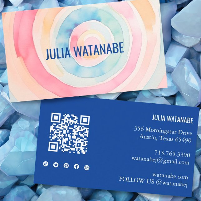 Carte De Visite Aquarelle Cercles QR Code Médias sociaux Moderne (Pretty custom business card with watercolor rings. QR code and social icons on the back side)