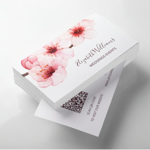 Carte De Visite Aquarelle Cerisier Fleur Blanc   Code Qr
