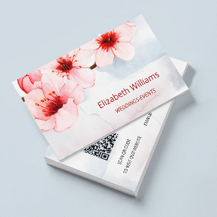 Carte De Visite Aquarelle Cerisier Fleur rose   Code Qr