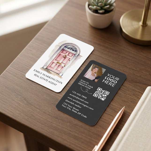 Carte de visite aquarelle Code QR Porte Rose Agent (Créateur téléchargé)