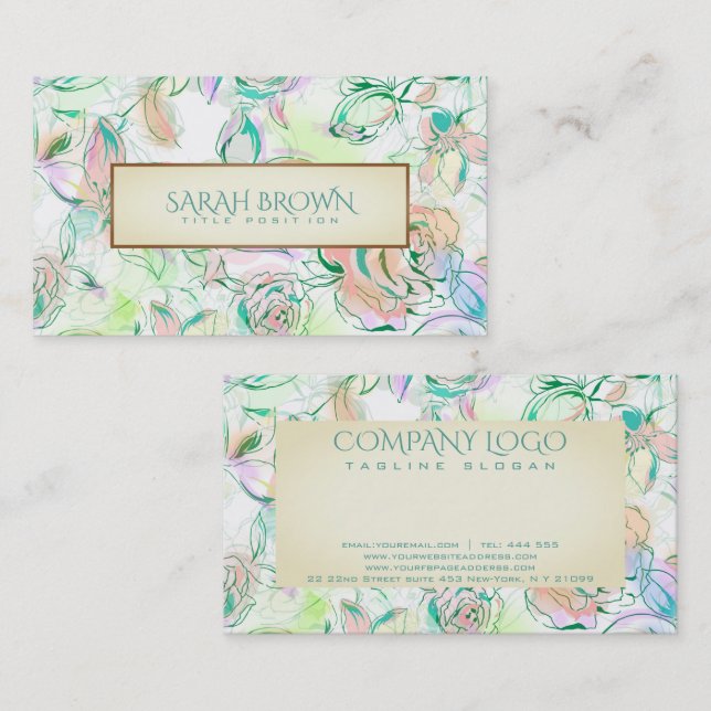 Carte De Visite Aquarelle Colorée Main Tirée Fleurs Motif (Devant / Derrière)