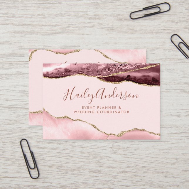 Carte De Visite Aquarelle couleur rose et or Parties scintillant A (Devant/Arrière en situation)