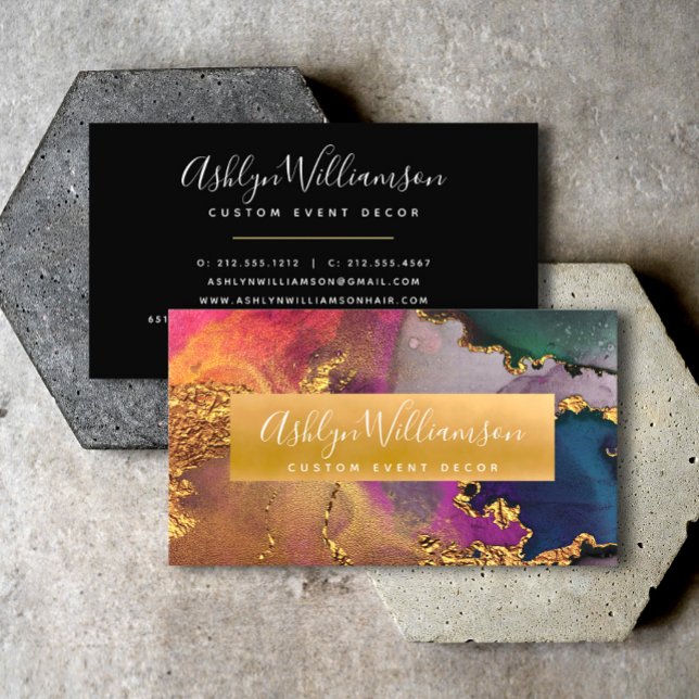 Carte De Visite Aquarelle de marbre moderne or violet script bleu (Créateur téléchargé)