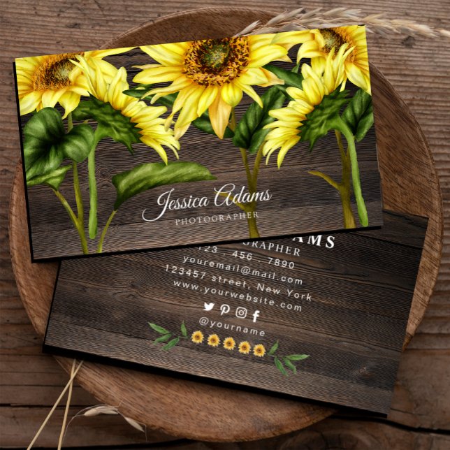 Carte De Visite Aquarelle de tournesol jaune rustique en bois (Rustic Yellow Sunflower Watercolor Wooden Business Card,#sunflower #handpaintedsunflower #watercolor)