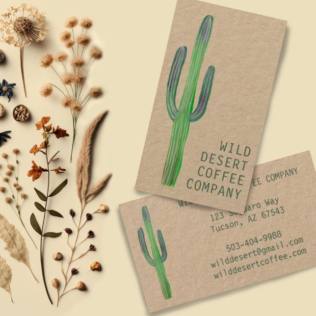 Carte De Visite Aquarelle du désert Saguaro Cactus Boho Kraft uniq (Hand painted saguaro cactus decorates this minimalist kraft business card, add your own text!)